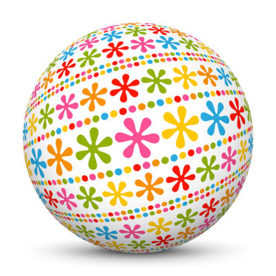 White Sphere with Colorful Dots and Abstract Flower Symbols