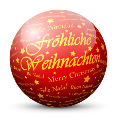 Red Glossy Christmas Ball/Sphere with Golden "Fröhliche Weihnachten" Lettering in German Language