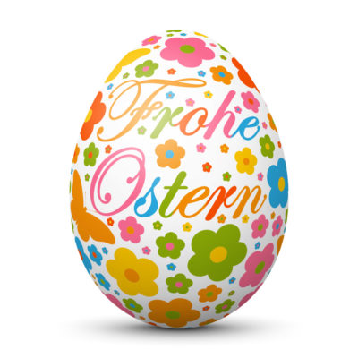 White Easter Egg/Orb with Colorful Springtime Symbols and "Frohe Ostern" Lettering in German Language
