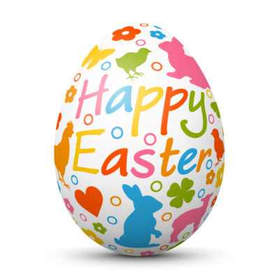 White Easter Egg/Orb with Colorful Springtime Symbols and "Happy Easter" Lettering