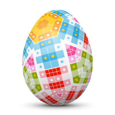 White Easter Egg/Orb with Abstract Colorful Squares and Dots on Surface