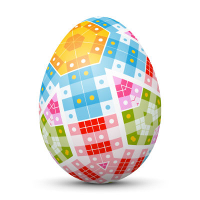 White Easter Egg/Orb with Abstract Colorful Squares and Dots on Surface