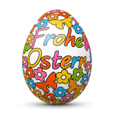 Easter Egg/Orb with Springtime Symbols and "Frohe Ostern" Greeting (German Language)