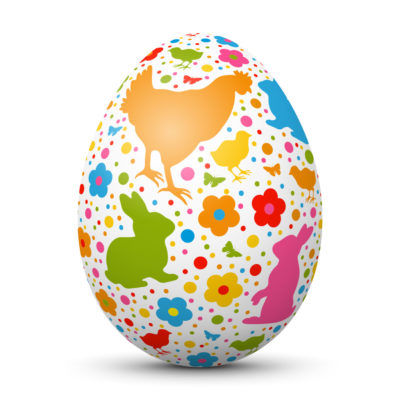 White Easter Egg/Orb with Colorful Springtime Symbols (Bunny, Chick, Dots and Flowers)