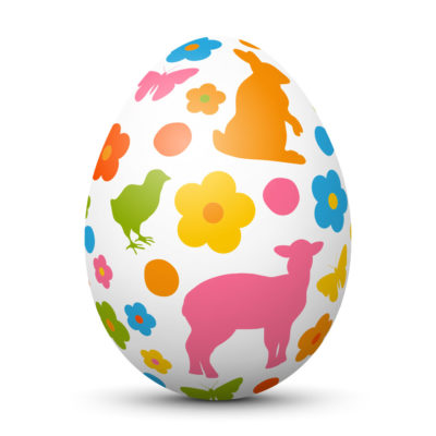 White Easter Egg/Orb with Colorful Bunny, Lamb, Chick and Flower Symbols