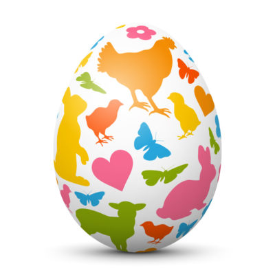 White Easter Egg/Orb with Colorful Springtime Symbols (Chick,Butterfly,Lamb,heart)