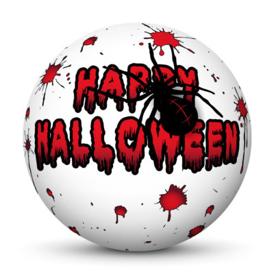 White Sphere with Red "Happy Halloween" Greetings, Blood Spatters and Big Black Spider