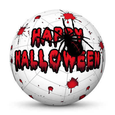 White Sphere with Red "Happy Halloween" Greetings, Blood Spatters and Big Black Spider on Cobweb