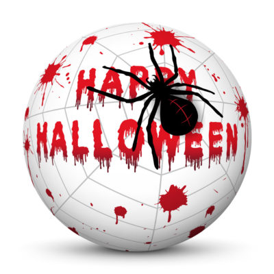 White Sphere with Red "Happy Halloween" Lettering, Blood Drops and Black Spider on Cobweb