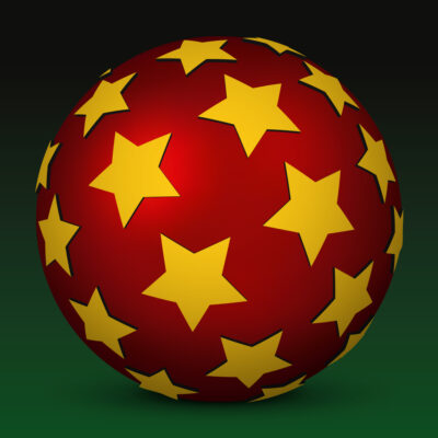 Red Christmas Ball with Golden Stars and Green Background